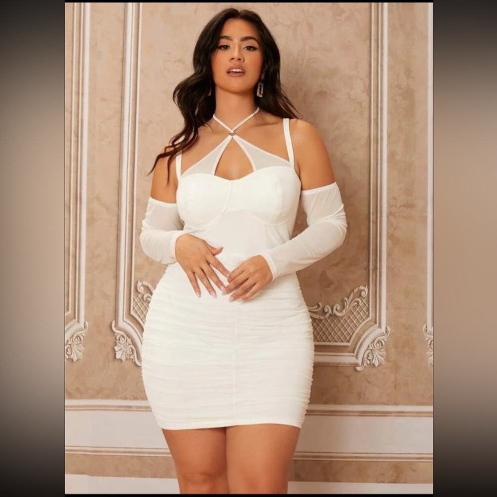 SHEIN| White Halter Ruched Mesh Dress
